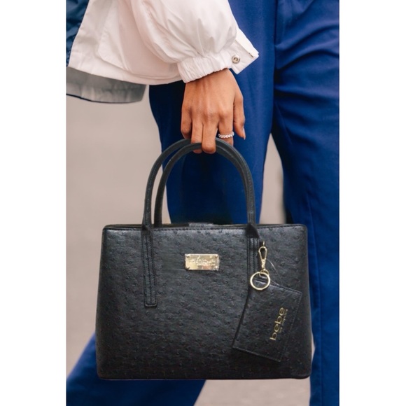 BEBE • Aubrey Ostrich Embossed Crossbody Detachable Strap Satchel with Card Case - Picture 2 of 6
